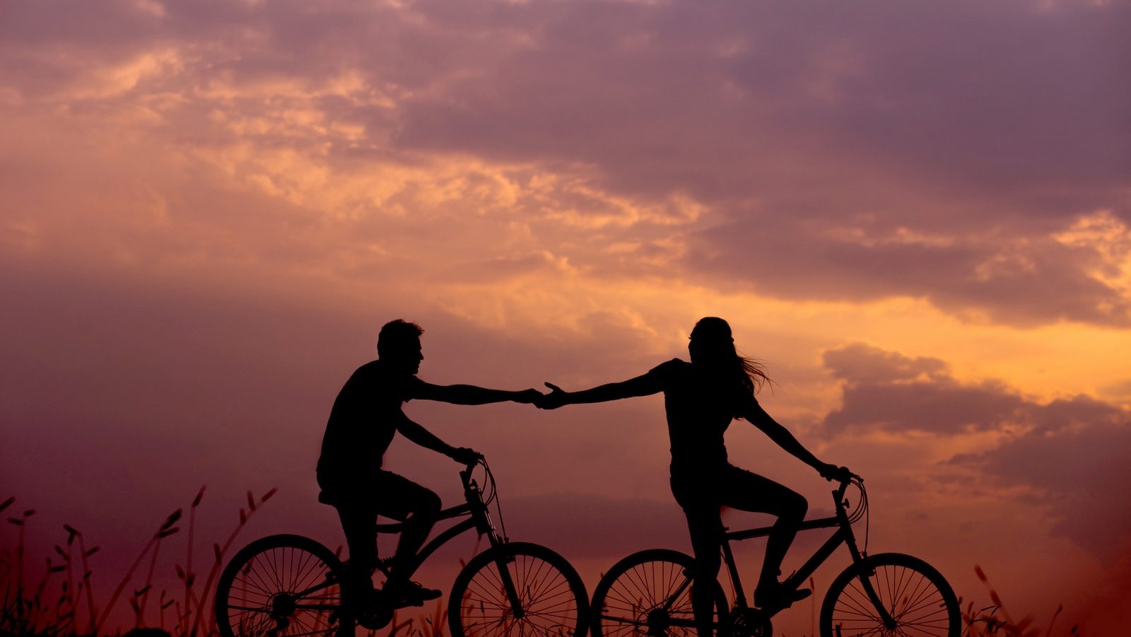 woman on bike reaching for man's hand behind her also on bike